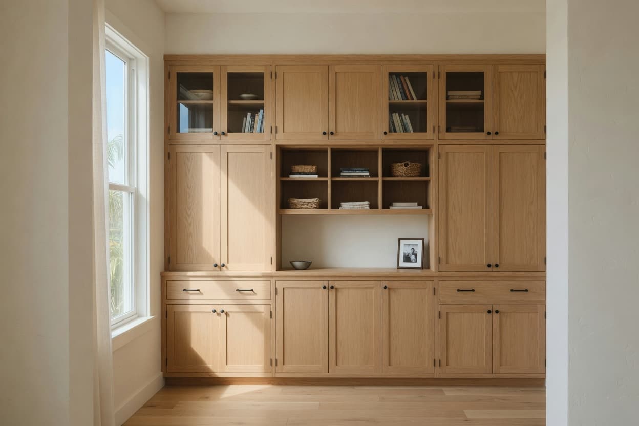White oak built-in millwork in a bright Orange County home