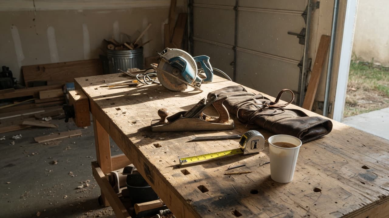 A one-man shop bench with a few well-worn tools at the start of the day