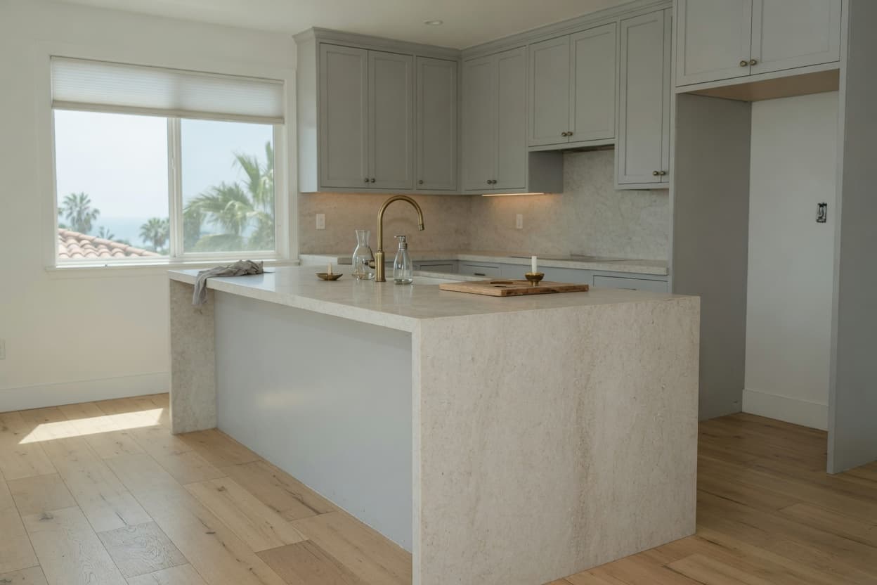 Putty-gray inset kitchen with a stone island and coastal Orange County light