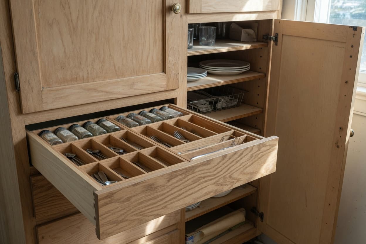 Custom oak kitchen drawer inserts and cabinet interiors