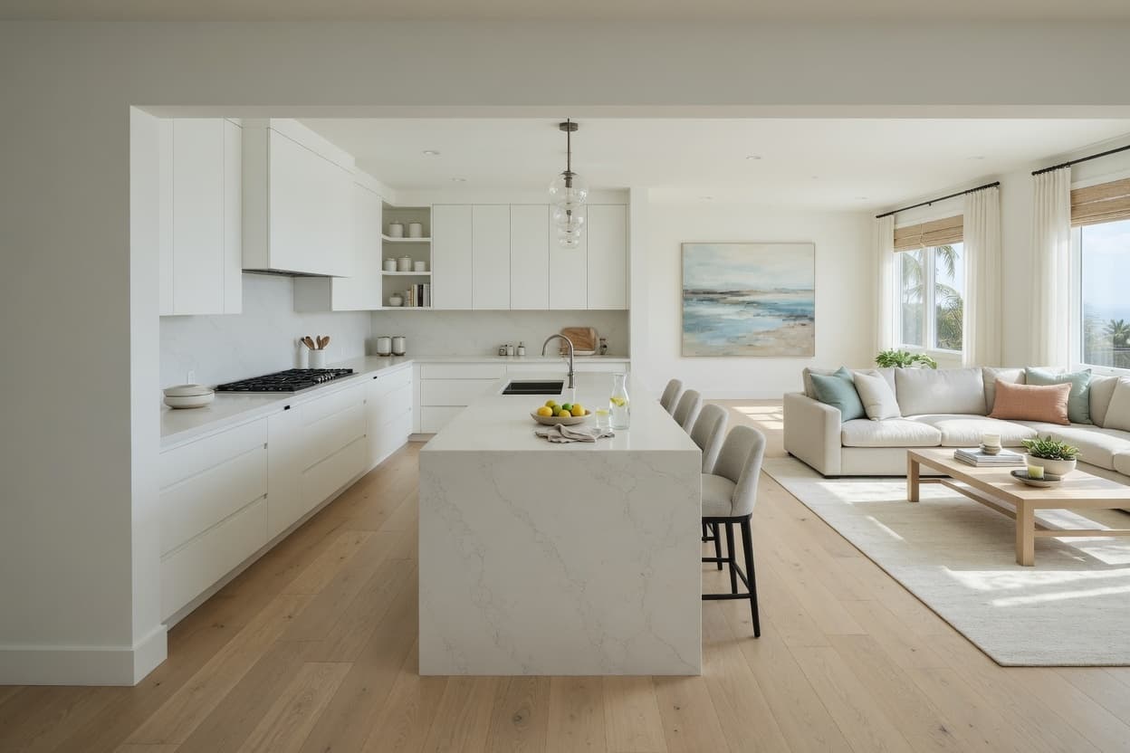 Bright open-concept kitchen with white cabinetry, a blue island, and brass pendant lights