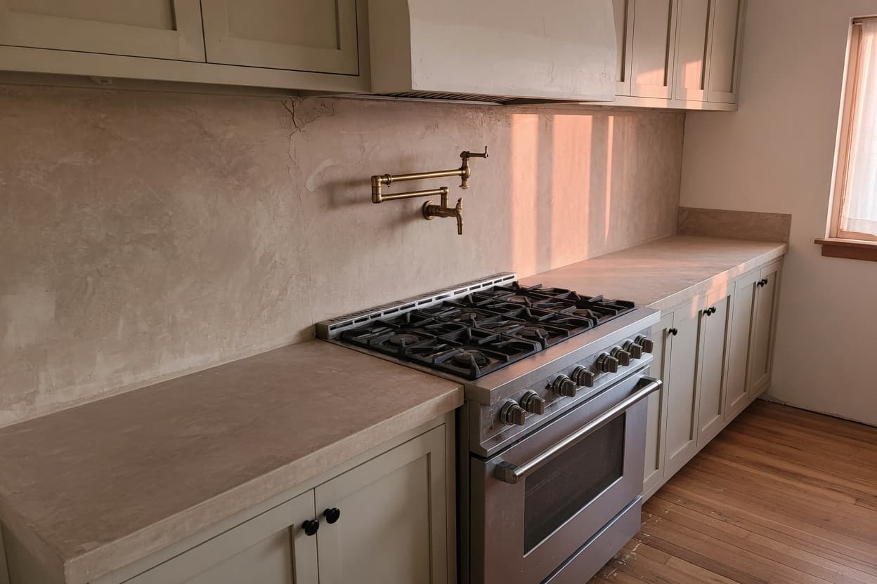 Professional dual-fuel range with a brushed-brass pot filler against dark green cabinetry