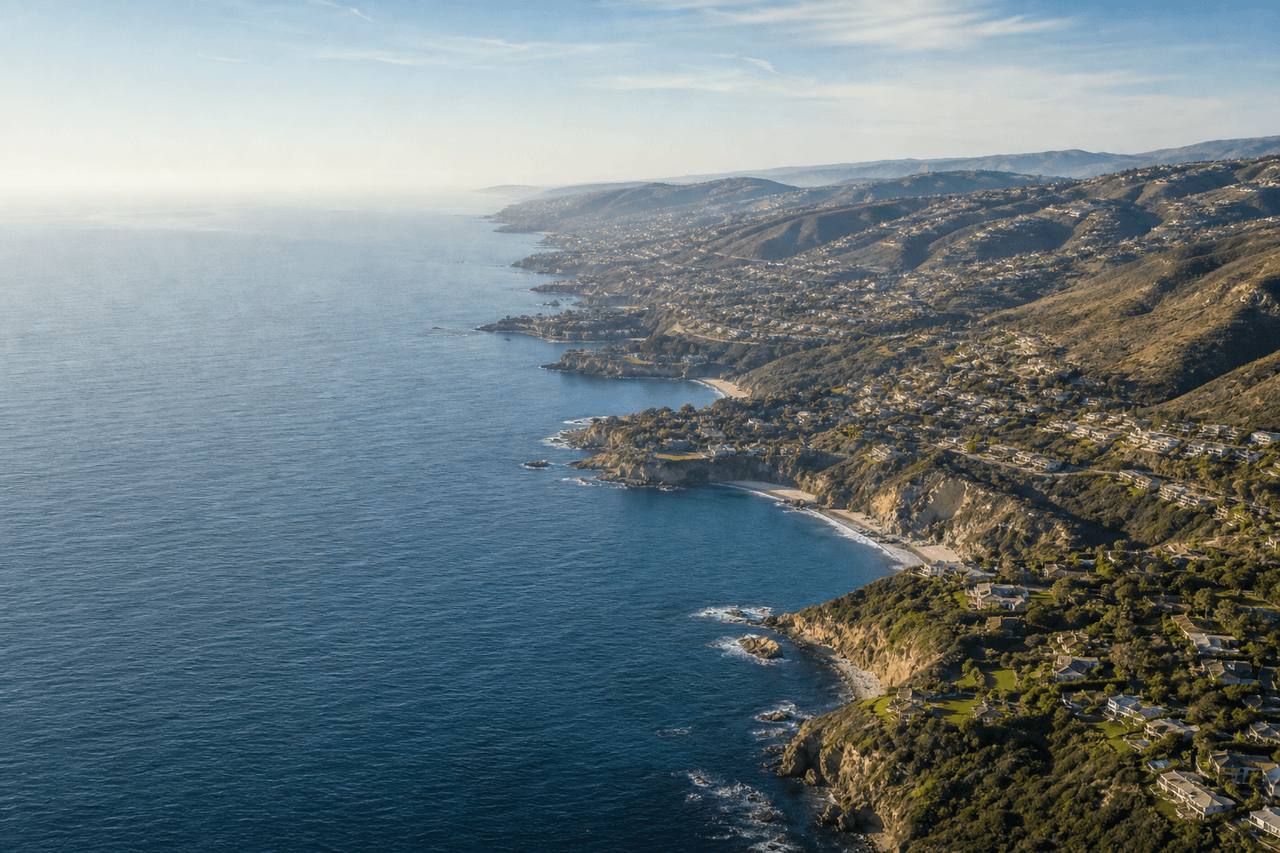 Aerial view of the Orange County coastline and communities served by Recon Builders