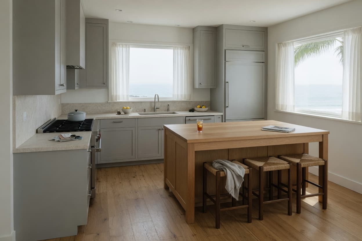 Modern painted kitchen with an L-shaped run, oak island, and ocean windows