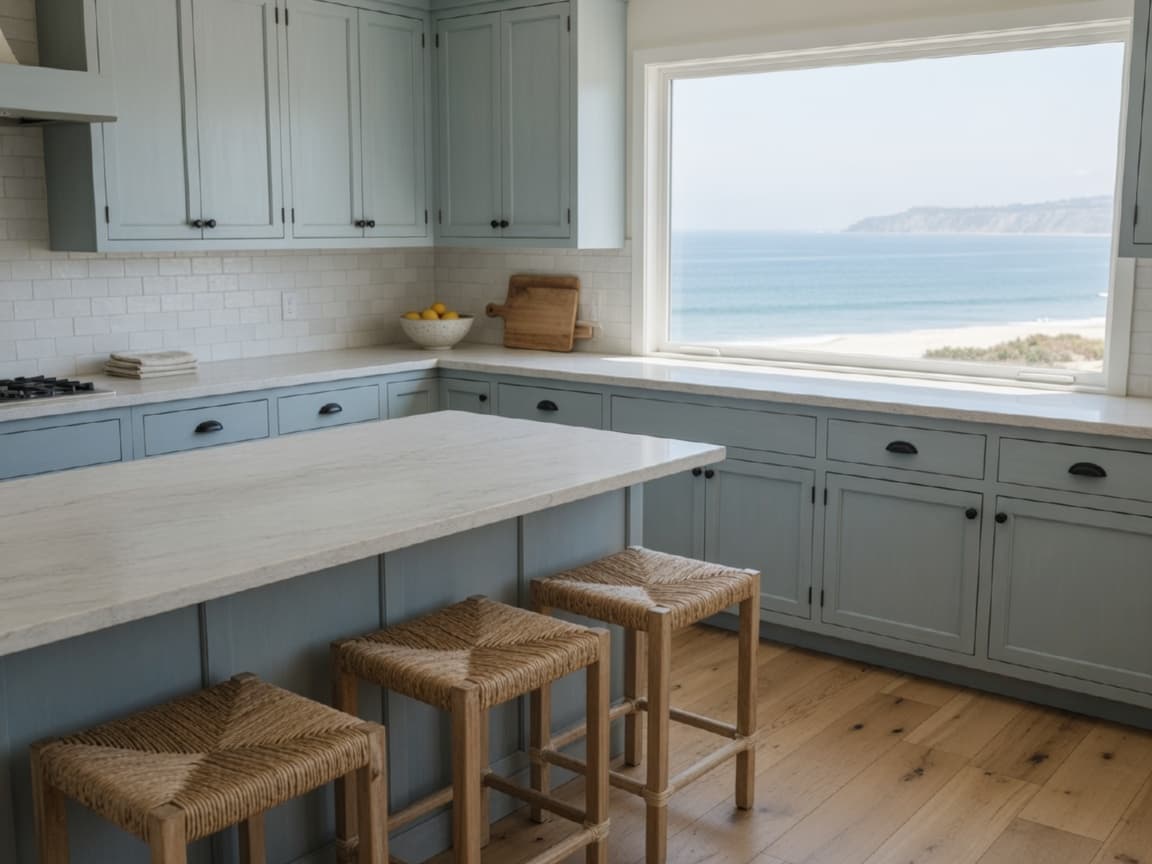 Coastal kitchen with sea-blue cabinets, rush stools, and an ocean-view window